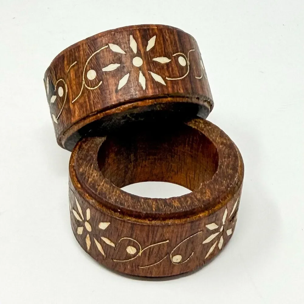 Vintage Wooden Flower Inlay Made In India Napkin Rings Set Of Four
